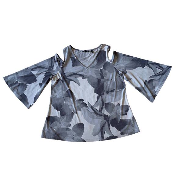H by Halston Shades of Gray Floral Cold Shoulder Bell sleeve Top size Large - Picture 2 of 5